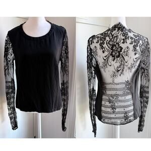Barbara Bui Silk Lace Sheer Back XS‎ Black Long Sleeve Blouse IT40 Elegant Goth